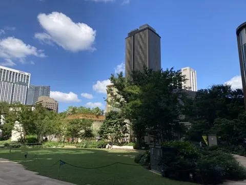 芝生広場と高層ビル
